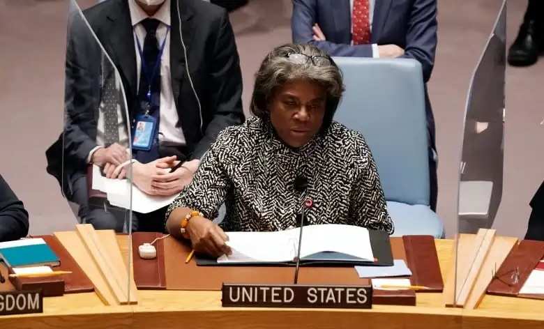U.S. Ambassador to the UN Linda Thomas-Greenfield talks during a United Nations Security Council meeting, on a resolution regarding Russia's actions toward Ukraine